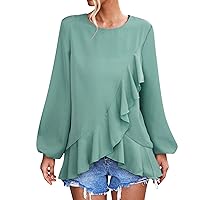 XJYIOEWT Pink Blouses for Women Womens Round Neck Puff Long Sleeve Tops Button Cuffs Loose Pullover Blouse Casual Tunic
