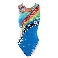 Synchronized Swimming One Piece Rainbow Pattern Diamonds Girls Blue Professional Training Competition