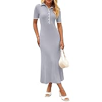 MEROKEETY Women's V Neck Ribbed Knit Maxi Dress Button Short Sleeve Slim Fit Bodycon Sweater Dress