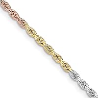 Solid Gold 14K Tri-colored 3mm Diamond-cut Rope with Lobster Lock Chain -18.0