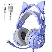 Purple Stereo Gaming Headset for PC Xbox One PS5 Switch, Wired Cute Cat Ear RGB Headphones with Mic, Bass Surround, Soft Earmuffs, Noise Cancelling Over Ear Headphones for Girls Kids