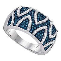 TheDiamondDeal 10kt White Gold Womens Round Blue Color Enhanced Diamond Stripe Band Ring 5/8 Cttw