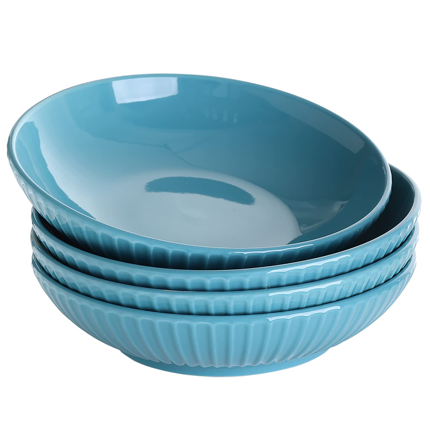 Bestone Pasta Bowls 40oz, Porcelain Embossed Strip Serving Bowls, Large Salad Soup Bowls, Microwave & Dishwasher Safe, Set of 4, Blue