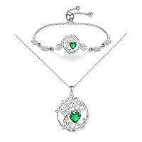 FANCIME Tree of life May Birthstone Jewelry Set Sterling Silver Emerald Pendant Bracelet Birthday Mothers Day Gifts for women Wife Mom Her