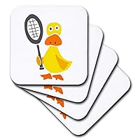 3dRose CST_196251_2 Funny Yellow Duck Holding Tennis Racquet Primitive Art Soft Coasters (Set of 8)