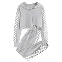 Kids Girls 2Pcs Sport Outfits Long Sleeve Grid Print Hooded Crop Top with Sweatpants Set Athletic Tracksuit Playwear