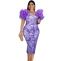 Women's Purple African Printed Patchwork Mesh Backless Bodycon Midi Dress Bohemian Vintage Party Club Dresses