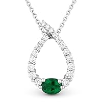 14K White Gold Oval Shape .34 ct Emerald & .26ct White Diamond Pendant Necklace
