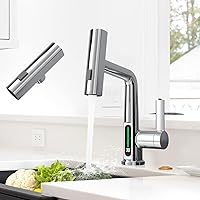 Waterfall Bathroom Faucet with Pull Out Sprayer, Bathroom Faucets Temperature Control, Fancy Faucet for Powder Room Bathroom Faucet with Spray Nozzle Waterfall Faucet Digital Display, Chrome