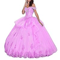 Women's Off Shoulder Long Quinceanera Dresses Tulle Beaded Prom Ball Gown