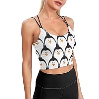 Cute Penguin Pattern Padded Sports Bras for Women Double Spaghetti Strap Yoga Bra Gym Crop Tank Tops