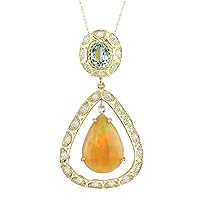 13.14 Carat Natural Multicolor Opal, Blue Aquamarine, Diamond (F-G Color, VS1-VS2 Clarity) 14K Yellow Gold Luxury Necklace for Women Exclusively Handcrafted in USA