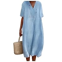 Short Sleeve Linen Dress for Women Summer V Neck Shift Dress Loose Casual Swing T-Shirt Dress Beach Party Midi Dresses