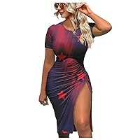 Wedding Guest Dresses, Women's Hip Dress for Women Round Neck, Split Lace-up Dresses Independence Day Print Dress