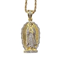 Iced Lady of Guadalupe Men Women 925 Italy Gold Finish Iced Silver Charm Pendant Stainless Steel Real 3 mm Rope Chain, Mans Jewelry, Iced Pendant, Rope Necklace 16