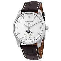 The Longines Master Collection Moonphase Automatic Silver Dial with Diamonds, Brown Alligator Strap L2.909.4.77.3, Silver