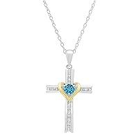Dazzlingrock Collection 4 mm Round Gemstone & White Diamond Ladies Heart Love Cross Religious Pendant (Silver Chain Included), Available in Yellow Plated Sterling Silver & 10K/14K/18K Two Tone Gold