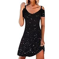 Prom Dress,Shiny Dresses for Women's Cold Shoulder Short Sleeve Plus Size Tshirt V Neck Sexy Party Dress