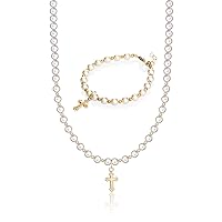 Christening 14KT Gold-Filled Beads and Cross Charm Luxury Unisex Baby Bracelet and Necklace with Cream European Simulated Pearls Gift Set (GSNBGC_M)
