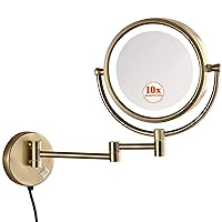 Wall Mounted LED Lighted Makeup Mirror, Two-Side Retractable 360° Swivel Antique Brass Finished, 8.5 Inches 10X Magnification, for Hotel Bathroom Spa