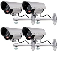 WALI Bullet Dummy Fake Security Camera, Dummy Cameras with Realistic Red LED Light for Outdoor Indoor, Fake Surveillance Security CCTV with Security Alert Sticker Decals (TC-S4), 4 Packs, Silver