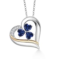 Gem Stone King 925 Sterling Silver and 10k Yellow Gold Blue Created Sapphire and White Lab Grown Diamond 3-Stone Pendant Necklace For Women 1.54 Cttw, Heart Shape 5MM, 18 Inch Chain