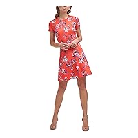 Vince Camuto Womens Zippered Fitted Unlined Short Sleeve Round Neck Short Wear to Work Fit + Flare Dress