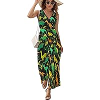 Cartoon Dinosaurs and Tropial Palm Women's Sleeveless V Neck Dress Casual Long Dress Summer Ankle Length Dresses