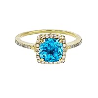 Sterling Silver Yellow 7mm Cushion Swiss Blue Topaz & Created White Sapphire Halo Ring