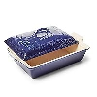 Le Creuset Olive Branch Collection Stoneware Heritage Covered Rectangular Casserole, 4 qt., Indigo with Embossed Lid