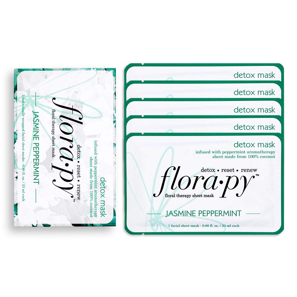 Aromatherapy Facial Sheet Mask - Hydrating - Essential Oils - Detox Jasmine Peppermint (5-Pack) by Florapy Beauty