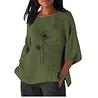 Women's Linen Shirt 3/4 Sleeve Round Neck Tops with Oversized Pocket Dandelion T-Shirt Women Fashion Loose Basic Top