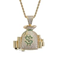 Jewelry Men Hip Hop Money Bag CZ Cluster Pendant Iced Out Bling Cubic Zircon 18K Gold Plated Diamond Necklace with Stainless Rope Chain