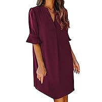 Women's V Neck Tunic Dress Loose Summer Casual Shirt Dress Ruffle Sleeve Mini Dress(Wine,XX-Large)