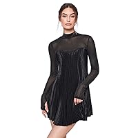 Womens Fall Fashion 2022 Mock Neck Glitter Mesh Shoulder Pleated Jacquard Dress (Color : Black, Size : X-Small)