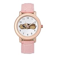 Potato Funny Pug Womens Watch Round Printed Dial Pink Leather Band Fashion Wrist Watches
