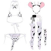 Sexy Cow Dalmatian Furry Milk Leopard Kawaii Outfit Anime Lolita Mini Bikini Bra Lingerie Set for Women Teddy Japanese Halter Bodysuit Underwear One Piece Mesh Babydoll Nightwear 7pcs-Thong