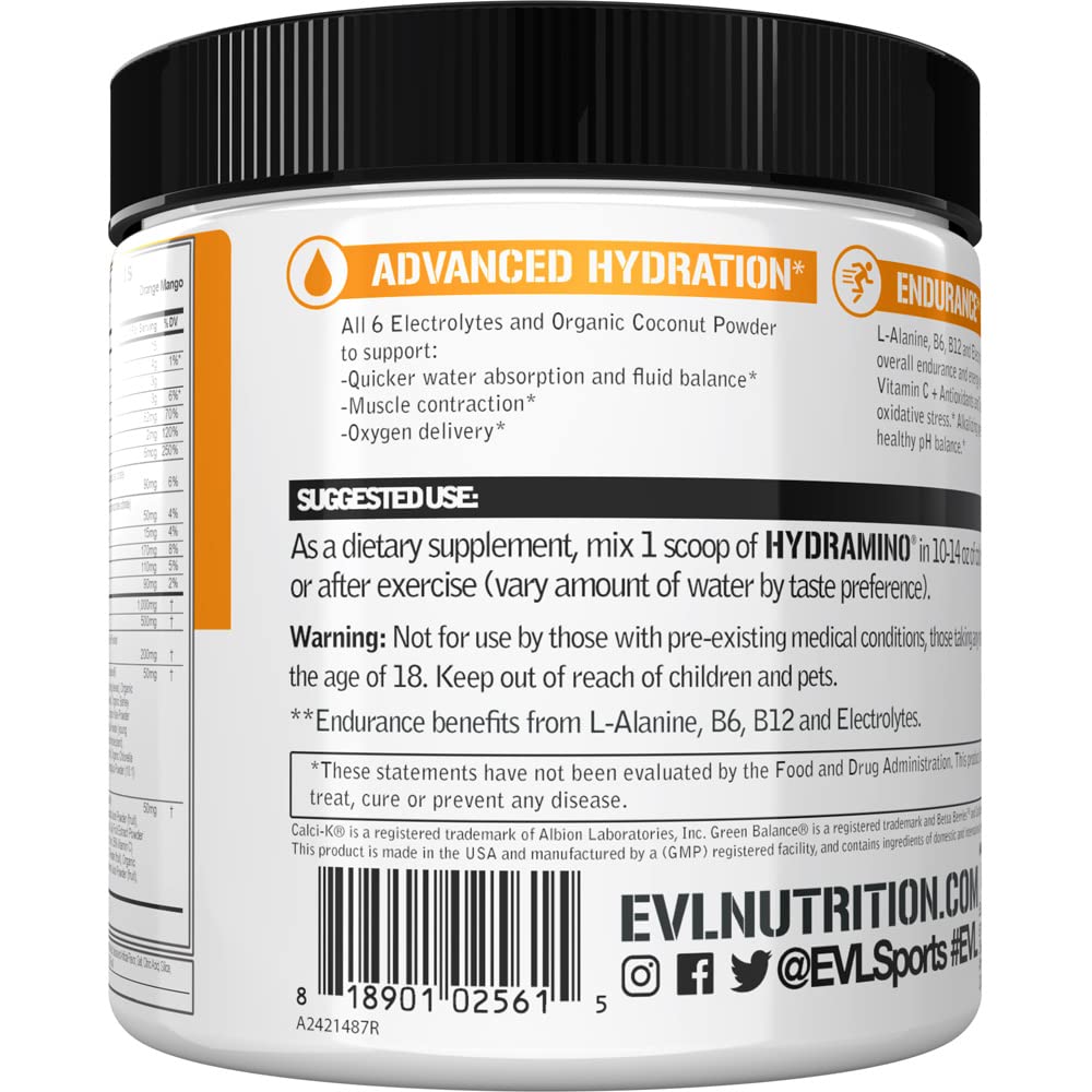 Evlution Nutrition HYDRAMINO Complete Hydration Multiplier, All 6 Electrolytes, Vitamin C & B, Fluid Boosting Aminos, Coconut Water, Endurance, Recovery, Antioxidants, 30 Serve, Orange Mango