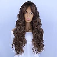 Brown Ombre Wig Long Wavy Hair Wig With Bangs for Women Mixed Brown Ombre Heat Resistant Synthetic Hair Wigs for Daily Use Cosplay Wig With Wig Cap