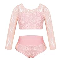 Kids Girls 2 Pieces Dance Sports Outfits Ballet Gymnastics Leotards Dance Costumes Floral Lace Crop Top and Shorts Set