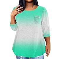 Women's Plus Size Summer Tops Plus Size Tops for Women 2024 Color Block Fashion Casual Loose Fit Y2k with 3/4 Sleeve Round Neck Shirts Green 3X-Large