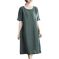 Women's Cotton Linen Dress Summer Midi Dresses with Pockets Solid Color Casual Baggy Crewneck Short Sleeve Tshirt Dress