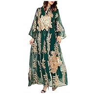 FULBHPRINT Muslim Moroccan Kaftan Dubai Abaya for Women, Ramadan Gold Thread Sequins Embroidery Arabic Long Dress