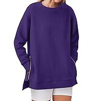 Plus Size Long Sleeve Sweatshirt Top For Women, Fall 2023 Round Neck Soft Pullover Side Zipper Shirt