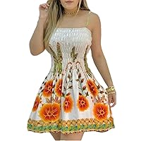 Women Floral Print Spaghetti Strap Dress Shirred Dress Casual Mini Dresses