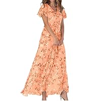 Women's Summer Short Sleeve Flowy Floral Midi Dress Holiday Vacation Casual Loose Fit Back Zipper Sundress B-Orange