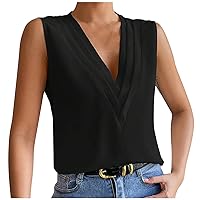 Womens Chiffon Tank Tops Dressy V Neck Sleeveless Blouse Top Office Work Shirts Front Pleated Elegant Business Clothes