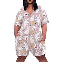 Plus Size Jumpsuits Ladies Easter Print Fashion Short Sleeve Summer V Neck Dressy 2024 Wide Rompers Loose With Pockets