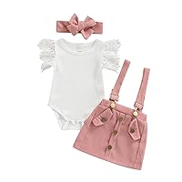 CIYCUIT 3Pcs Toddler Baby Girl Easter Outfit - Ruffle Romper, Suspender Skirt, and Headband Set for Spring and Summer