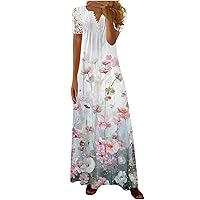 Women Lace Short Sleeve Floral Pleated Henley T-Shirt Dress Plus Size Summer Fashion Casual Swing Maxi A-Line Dress